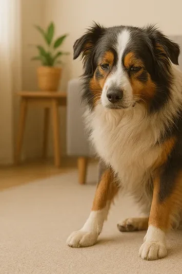 Chien âgé assis sur un tapis